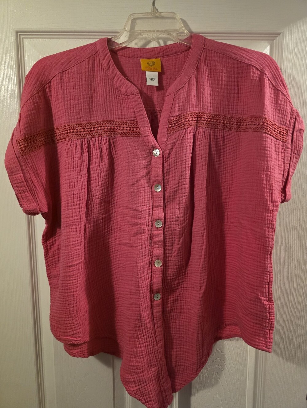Ruby Rd. - Women’s Pink Button-Front Tie-Hem Top - Picture 2 of 4